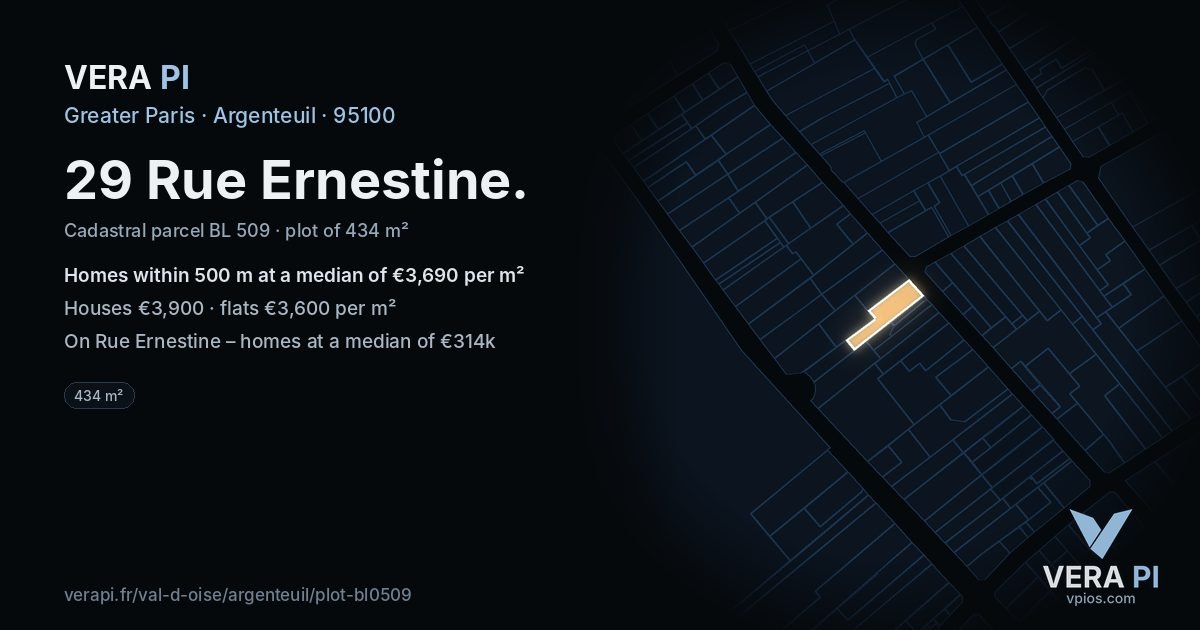 29 Rue Ernestine, Argenteuil at night – the plot lit, the parcels around coloured by the prices near them