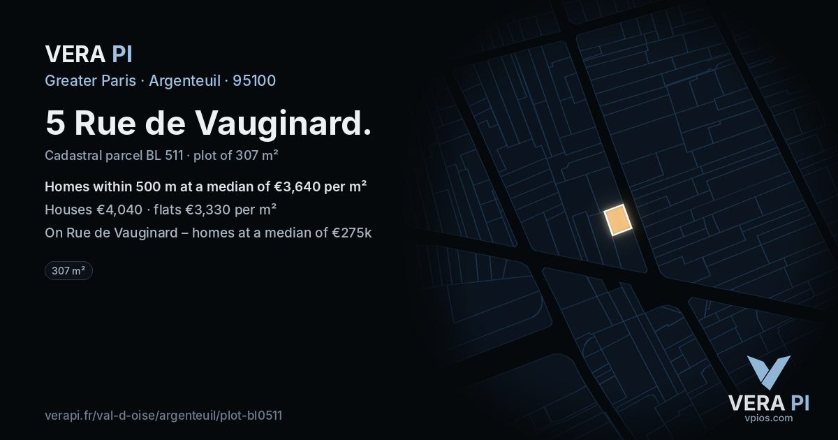5 Rue de Vauginard, Argenteuil at night – the plot lit, the parcels around coloured by the prices near them