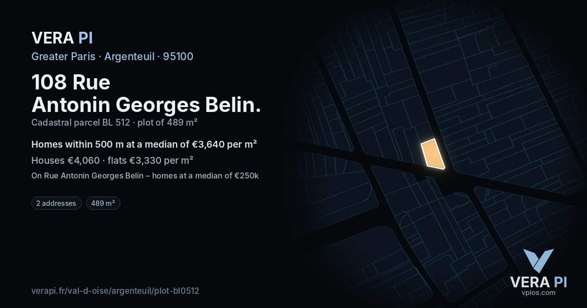 108 Rue Antonin Georges Belin, Argenteuil at night – the plot lit, the parcels around coloured by the prices near them