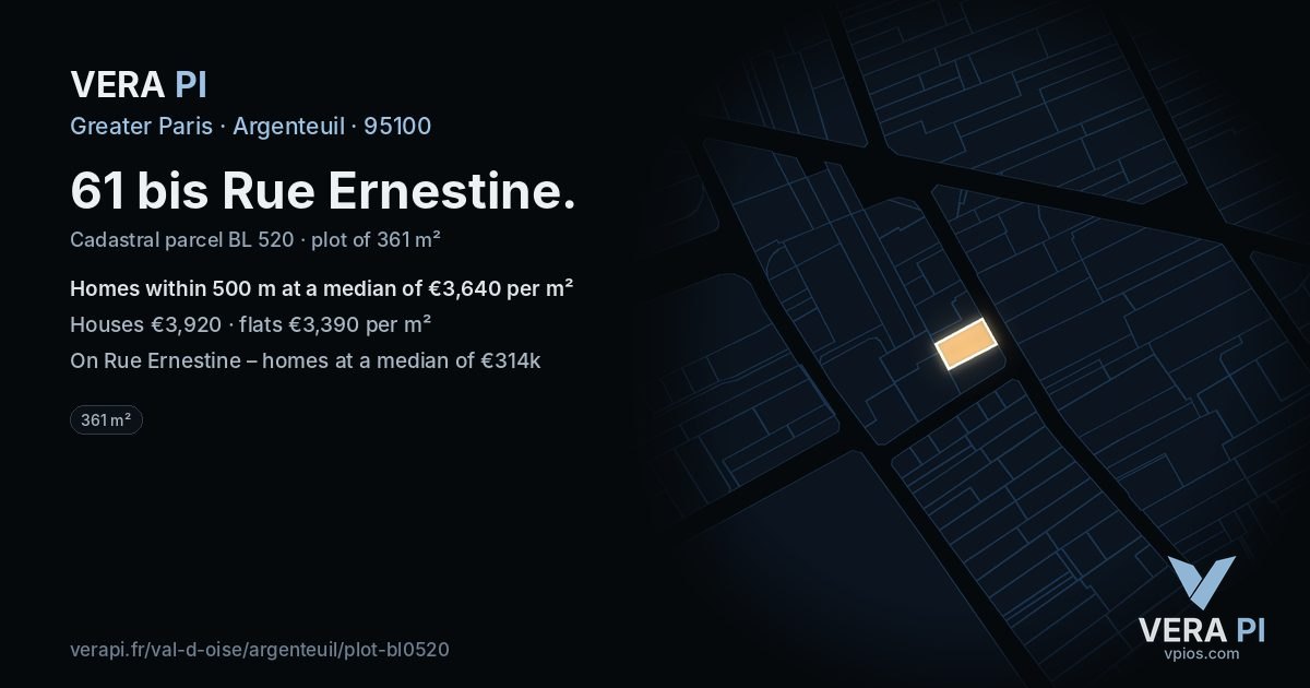 61 bis Rue Ernestine, Argenteuil at night – the plot lit, the parcels around coloured by the prices near them