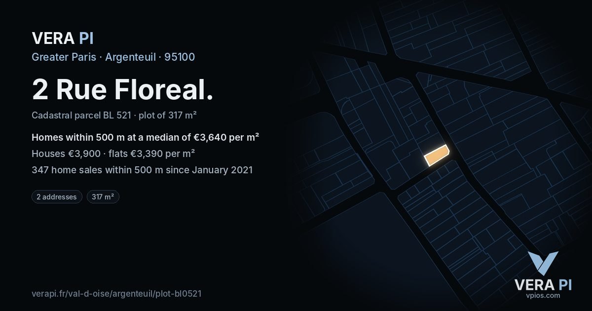 2 Rue Floreal, Argenteuil at night – the plot lit, the parcels around coloured by the prices near them