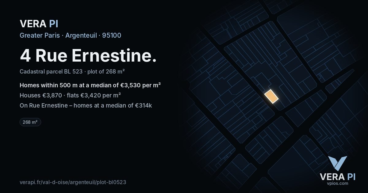 4 Rue Ernestine, Argenteuil at night – the plot lit, the parcels around coloured by the prices near them