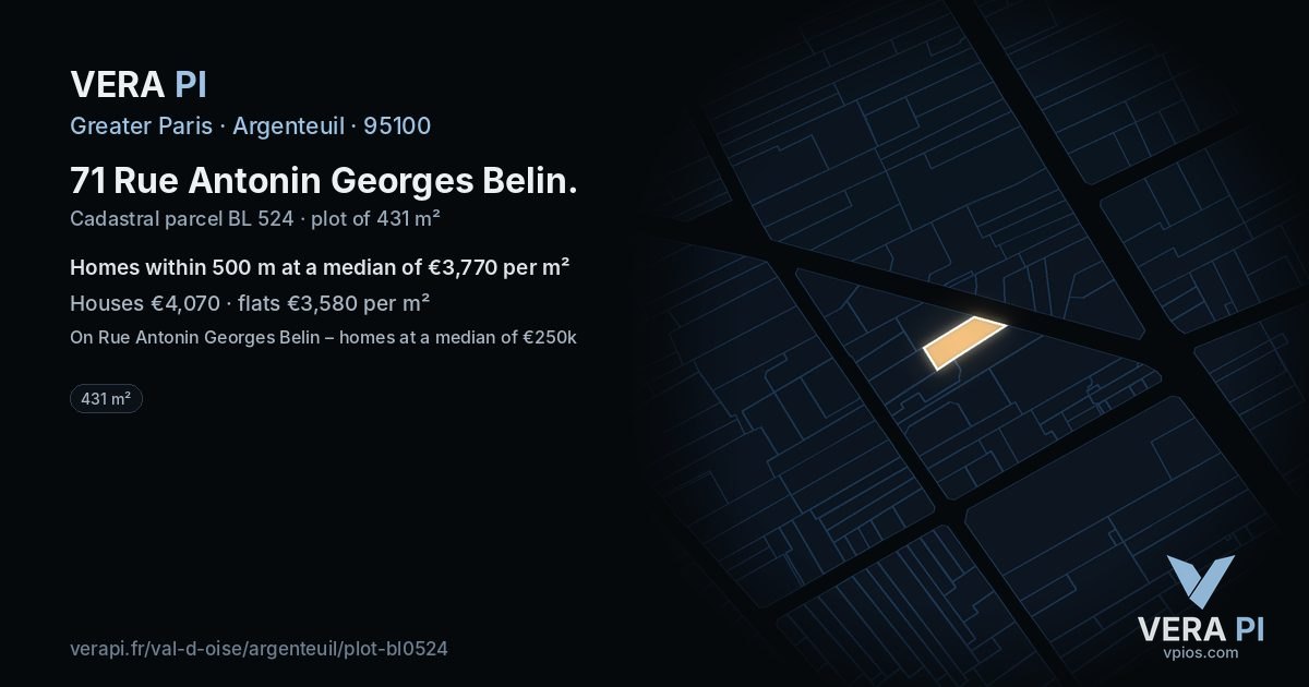 71 Rue Antonin Georges Belin, Argenteuil at night – the plot lit, the parcels around coloured by the prices near them
