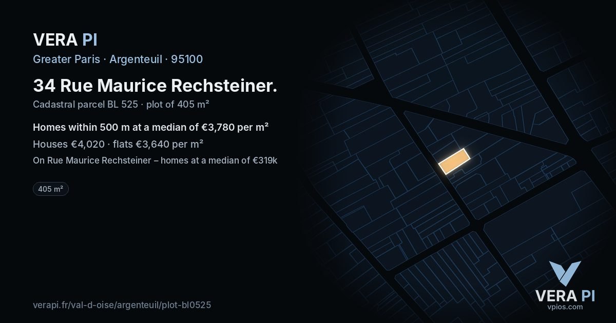 34 Rue Maurice Rechsteiner, Argenteuil at night – the plot lit, the parcels around coloured by the prices near them