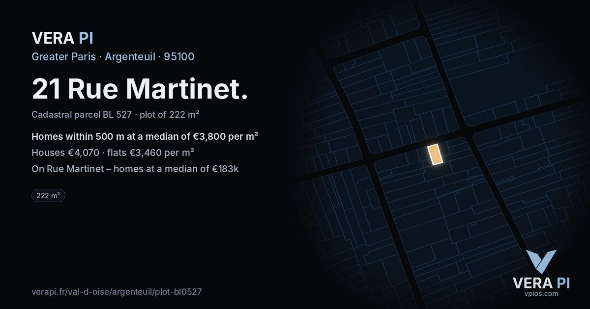 21 Rue Martinet, Argenteuil at night – the plot lit, the parcels around coloured by the prices near them