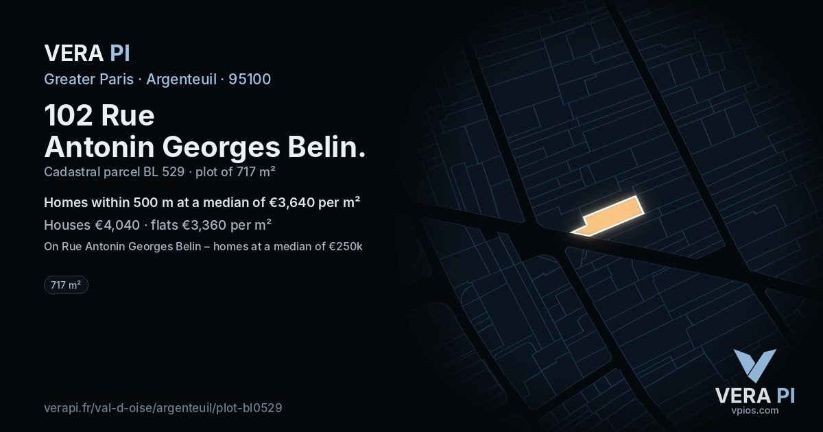 102 Rue Antonin Georges Belin, Argenteuil at night – the plot lit, the parcels around coloured by the prices near them