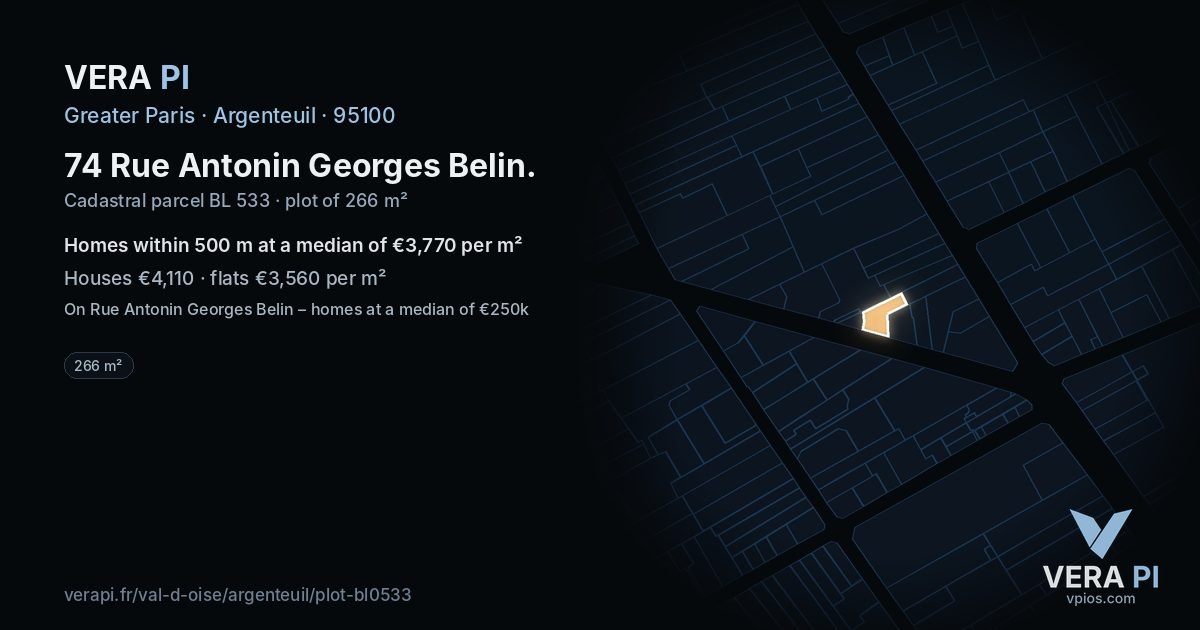 74 Rue Antonin Georges Belin, Argenteuil at night – the plot lit, the parcels around coloured by the prices near them