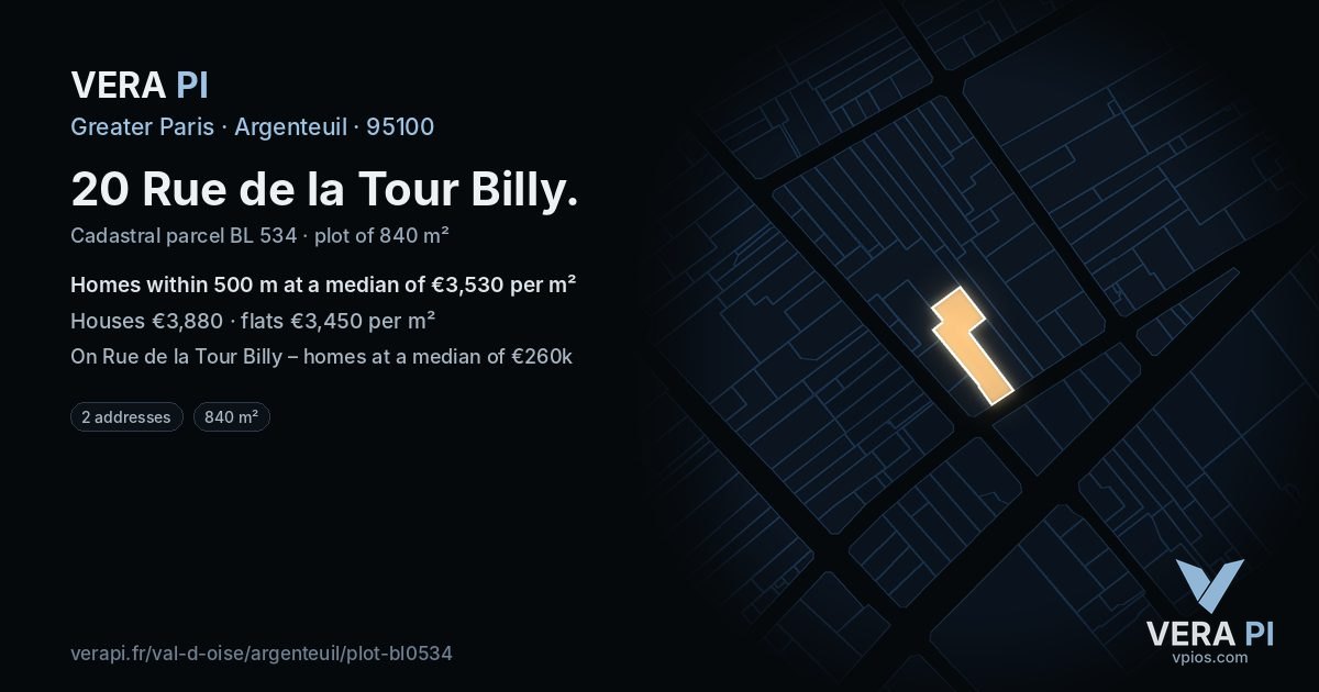 20 Rue de la Tour Billy, Argenteuil at night – the plot lit, the parcels around coloured by the prices near them