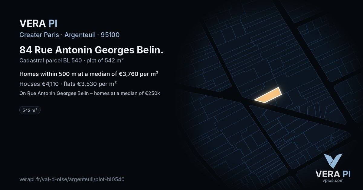 84 Rue Antonin Georges Belin, Argenteuil at night – the plot lit, the parcels around coloured by the prices near them