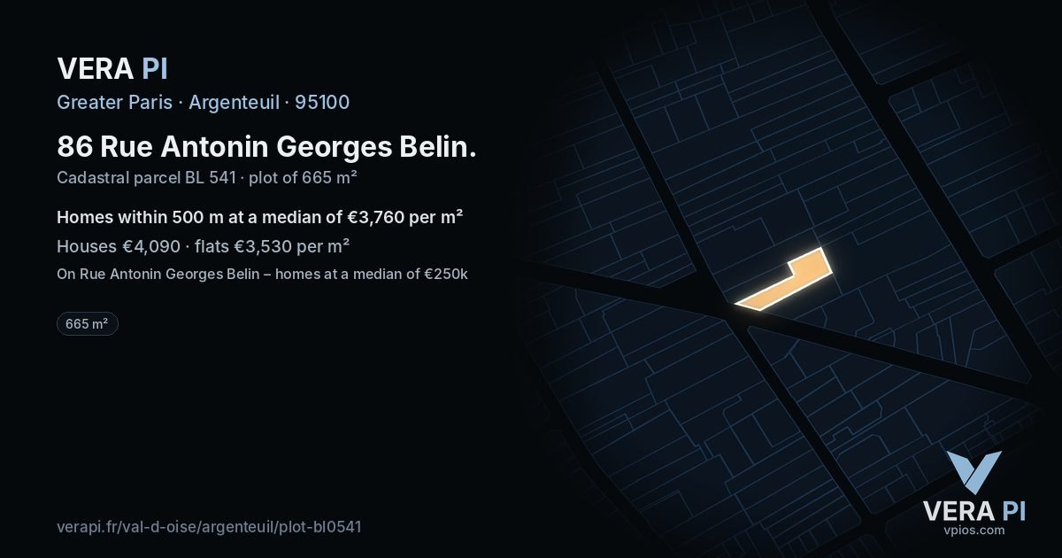 86 Rue Antonin Georges Belin, Argenteuil at night – the plot lit, the parcels around coloured by the prices near them