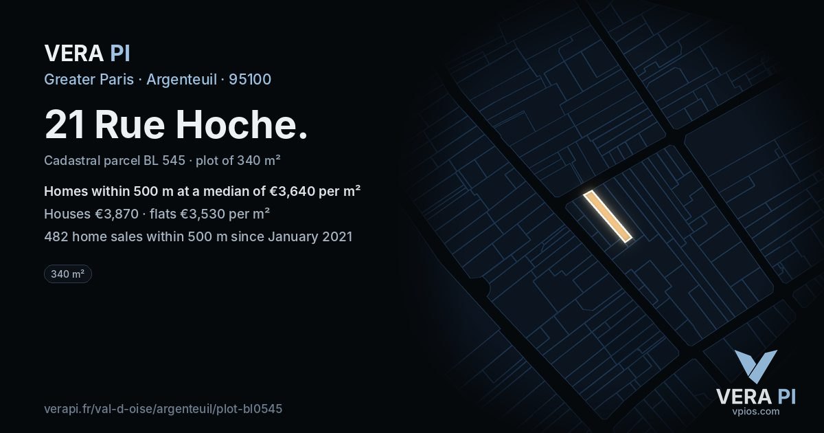 21 Rue Hoche, Argenteuil at night – the plot lit, the parcels around coloured by the prices near them