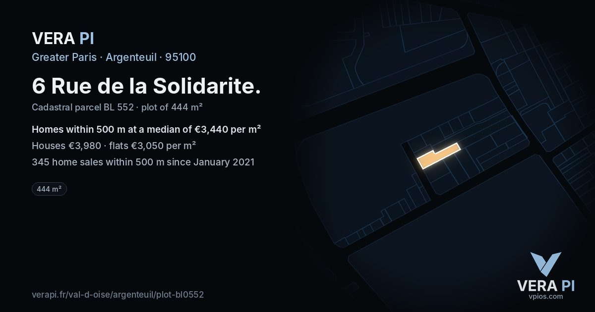 6 Rue de la Solidarite, Argenteuil at night – the plot lit, the parcels around coloured by the prices near them