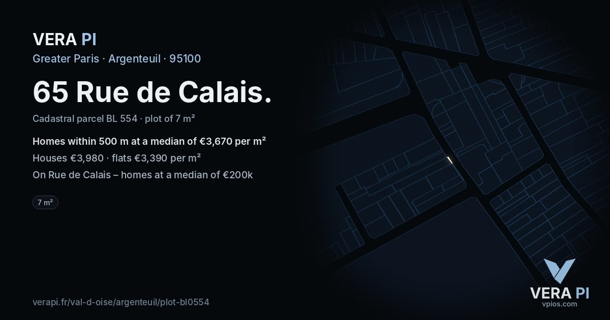 65 Rue de Calais, Argenteuil at night – the plot lit, the parcels around coloured by the prices near them