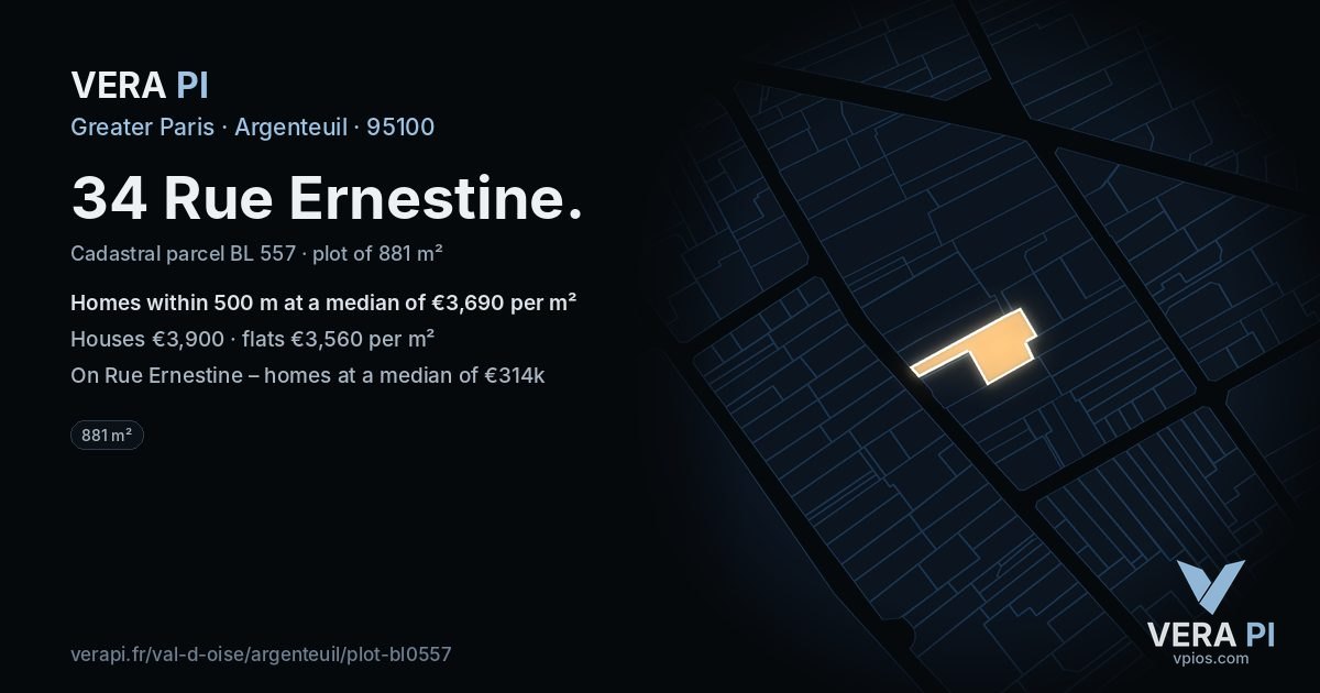 34 Rue Ernestine, Argenteuil at night – the plot lit, the parcels around coloured by the prices near them