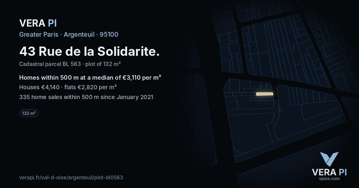 43 Rue de la Solidarite, Argenteuil at night – the plot lit, the parcels around coloured by the prices near them