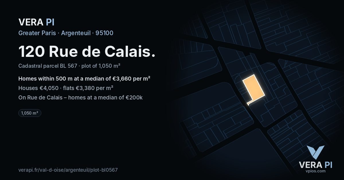 120 Rue de Calais, Argenteuil at night – the plot lit, the parcels around coloured by the prices near them