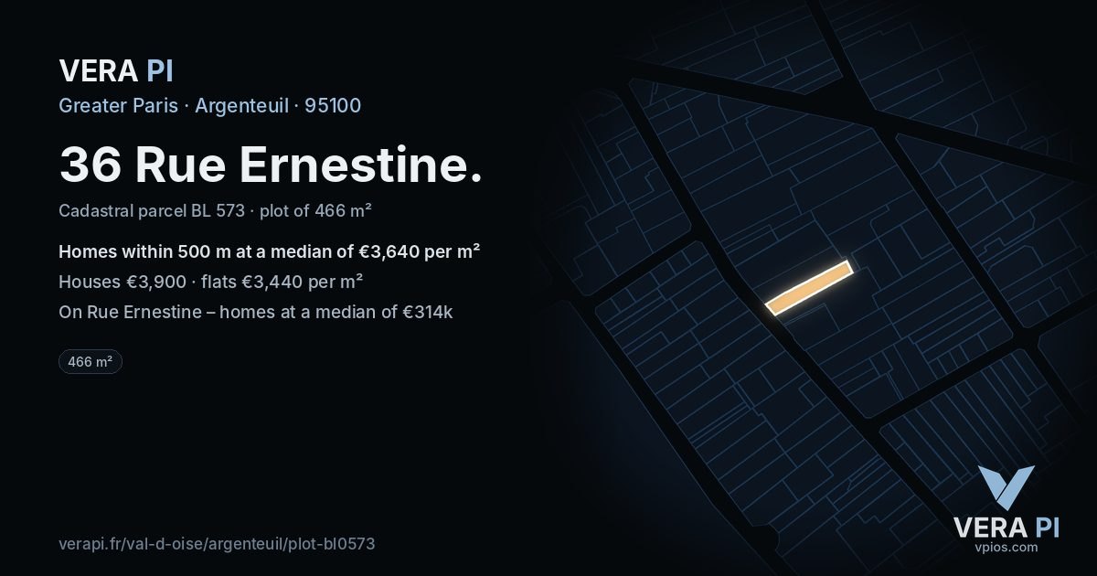 36 Rue Ernestine, Argenteuil at night – the plot lit, the parcels around coloured by the prices near them