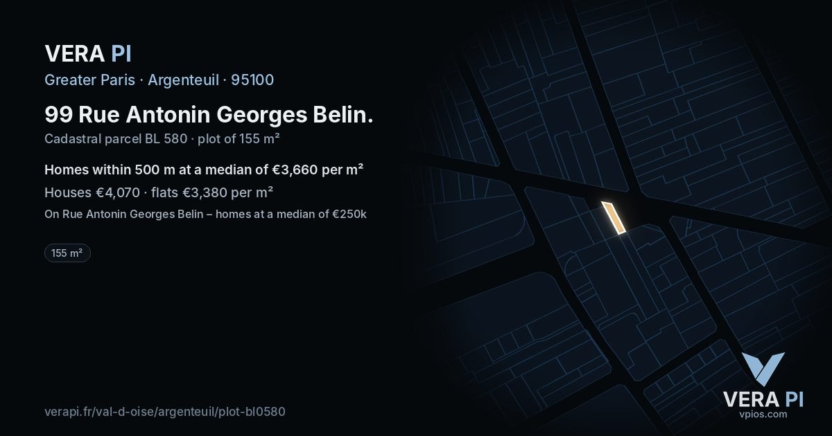 99 Rue Antonin Georges Belin, Argenteuil at night – the plot lit, the parcels around coloured by the prices near them