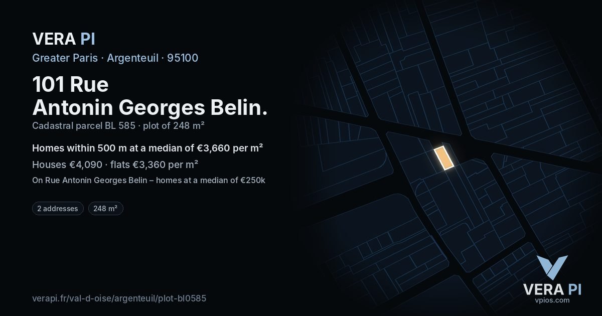 101 Rue Antonin Georges Belin, Argenteuil at night – the plot lit, the parcels around coloured by the prices near them