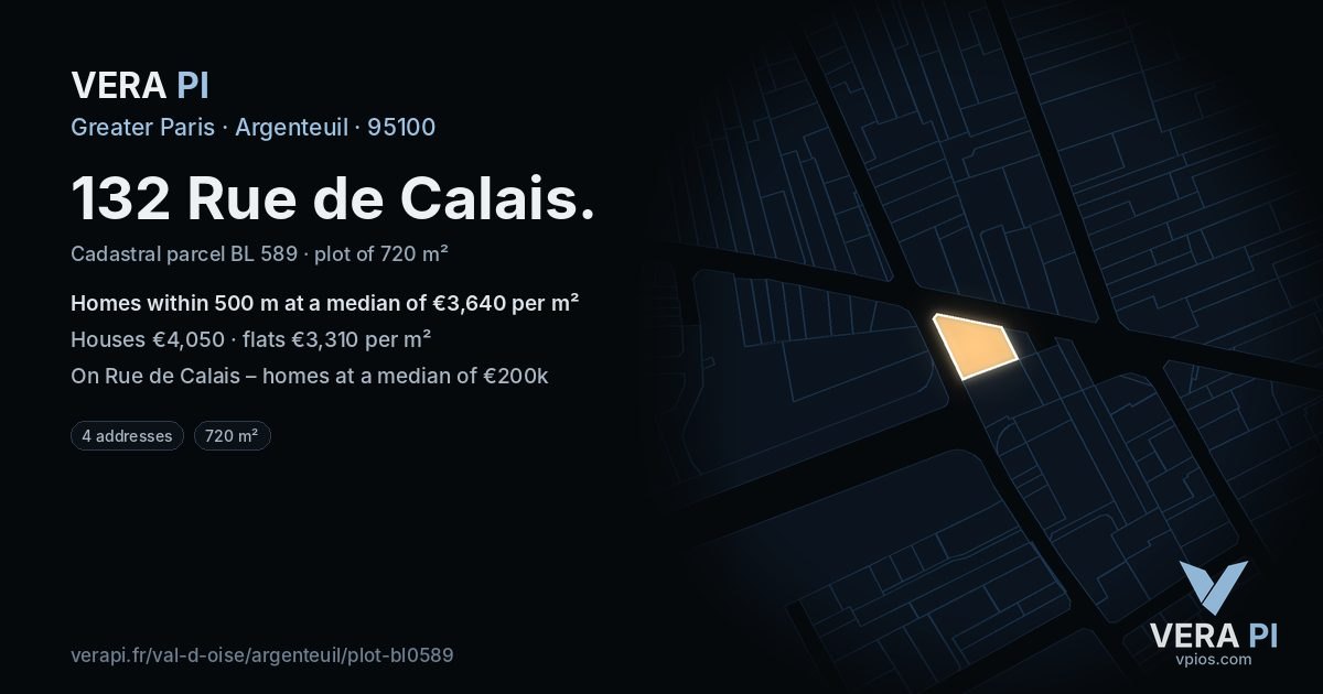 132 Rue de Calais, Argenteuil at night – the plot lit, the parcels around coloured by the prices near them