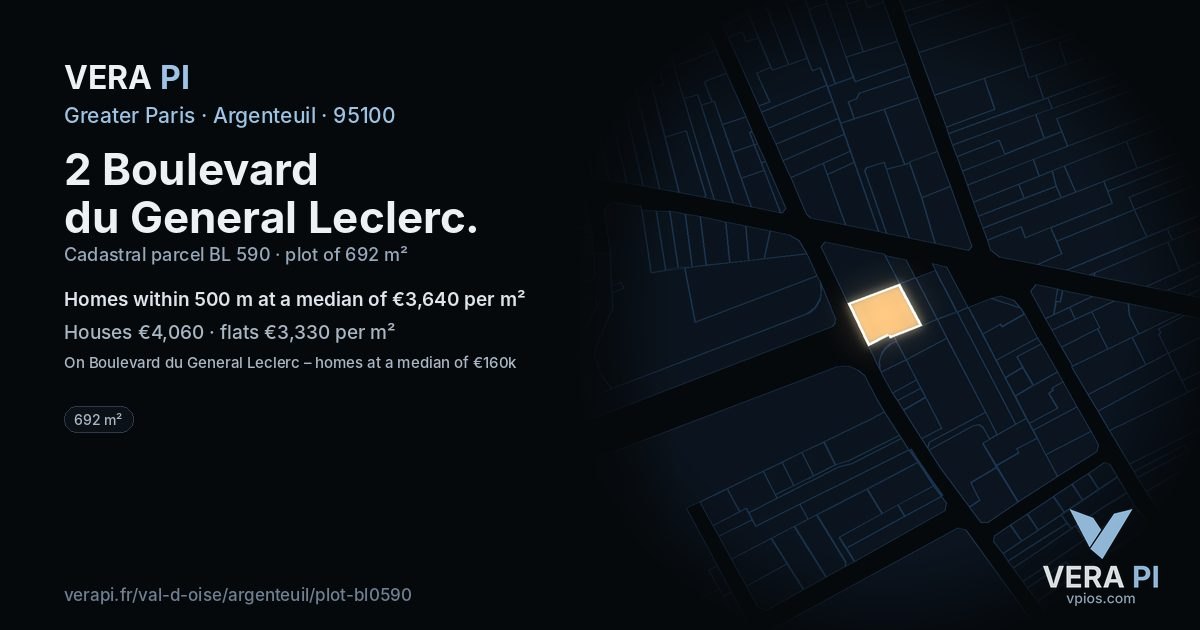 2 Boulevard du General Leclerc, Argenteuil at night – the plot lit, the parcels around coloured by the prices near them