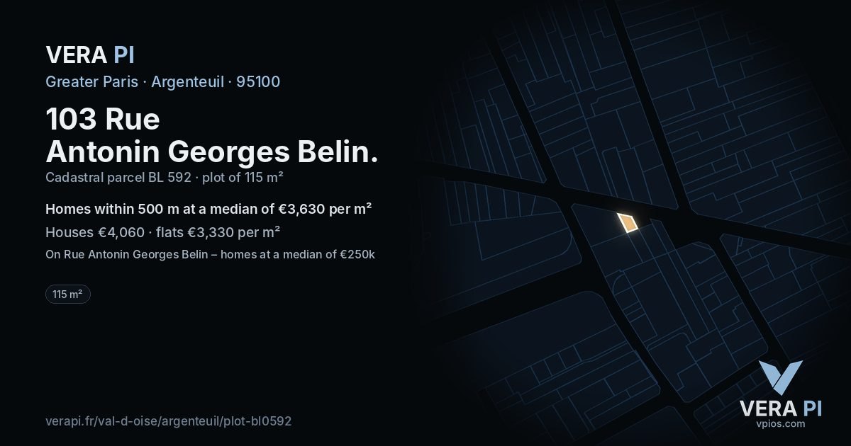 103 Rue Antonin Georges Belin, Argenteuil at night – the plot lit, the parcels around coloured by the prices near them