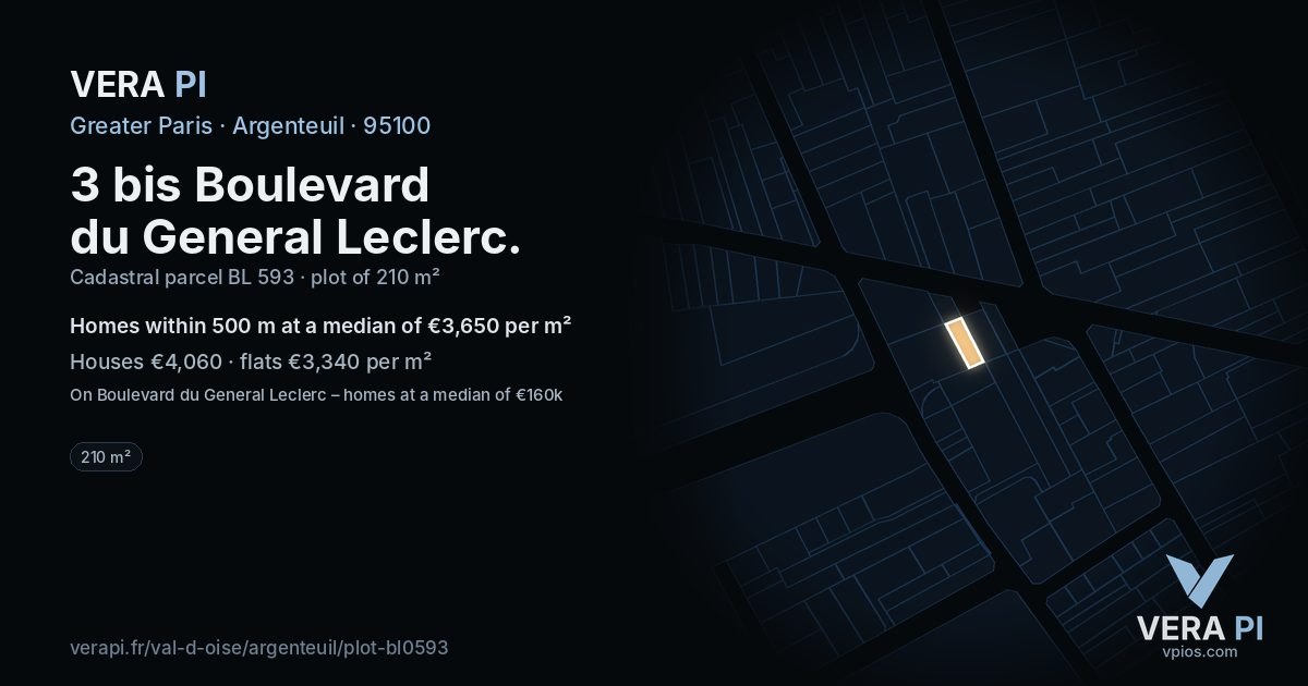 3 bis Boulevard du General Leclerc, Argenteuil at night – the plot lit, the parcels around coloured by the prices near them
