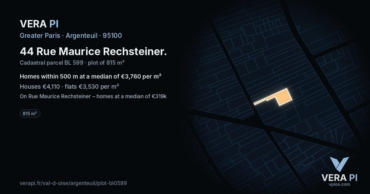 44 Rue Maurice Rechsteiner, Argenteuil at night – the plot lit, the parcels around coloured by the prices near them