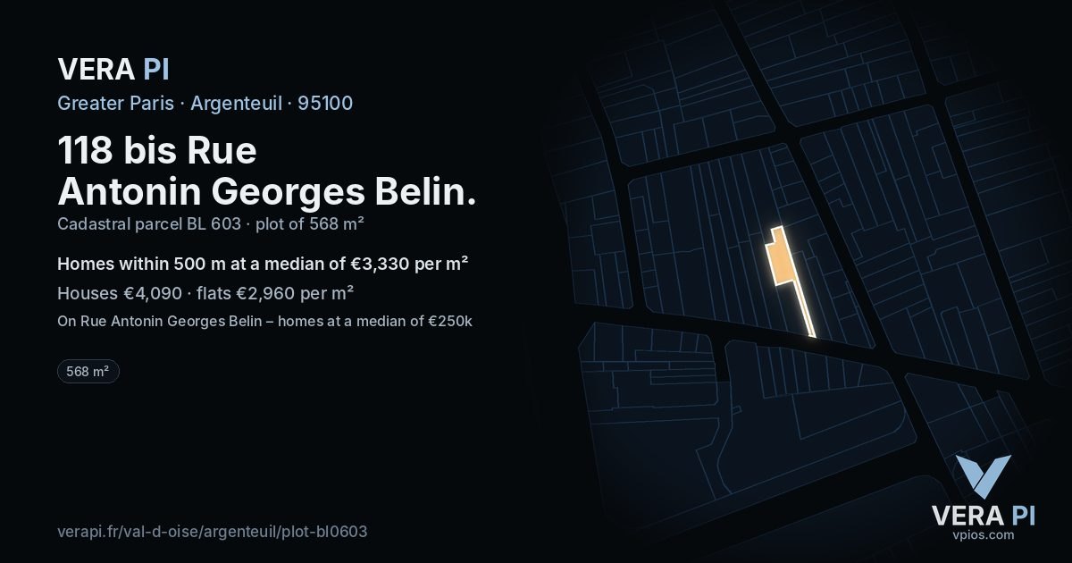 118 bis Rue Antonin Georges Belin, Argenteuil at night – the plot lit, the parcels around coloured by the prices near them