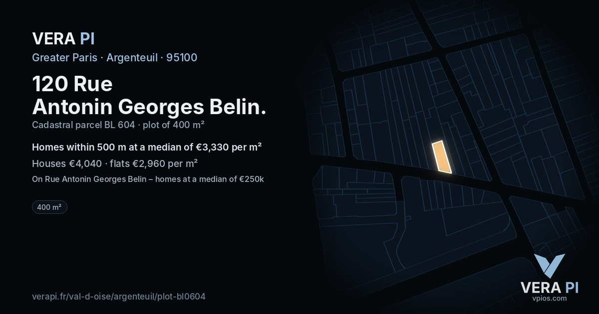 120 Rue Antonin Georges Belin, Argenteuil at night – the plot lit, the parcels around coloured by the prices near them