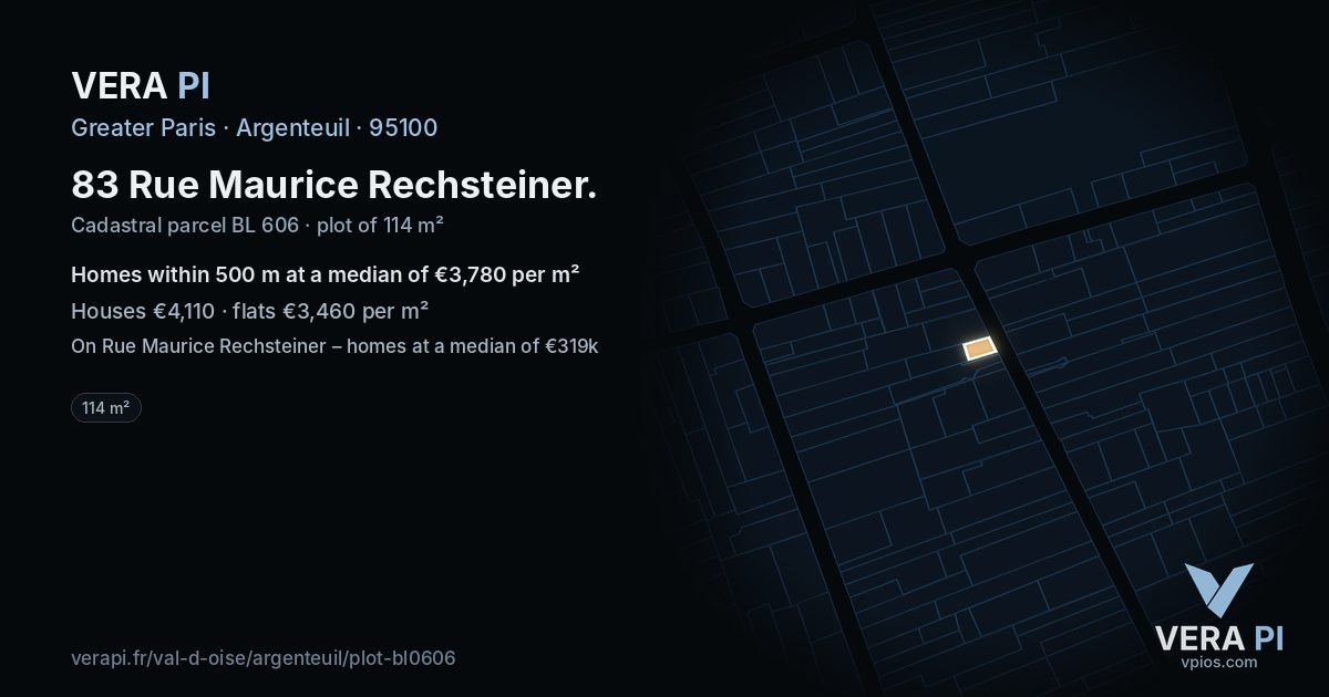 83 Rue Maurice Rechsteiner, Argenteuil at night – the plot lit, the parcels around coloured by the prices near them