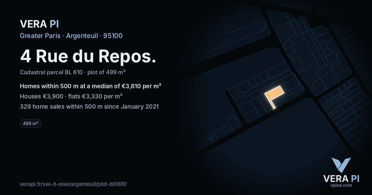 4 Rue du Repos, Argenteuil at night – the plot lit, the parcels around coloured by the prices near them