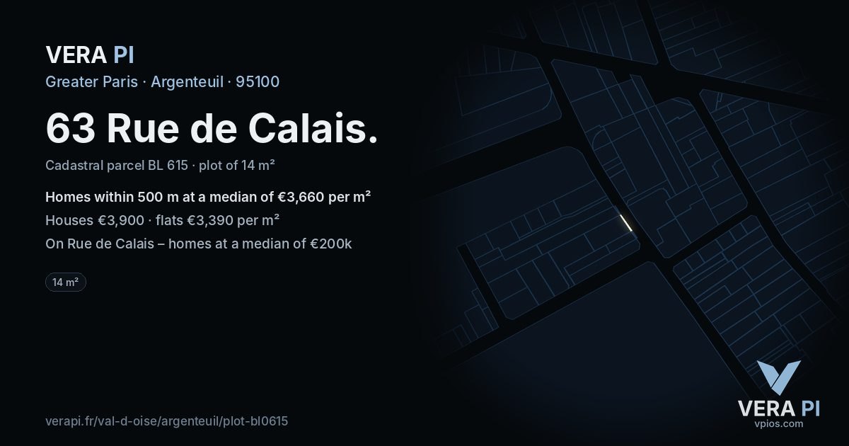 63 Rue de Calais, Argenteuil at night – the plot lit, the parcels around coloured by the prices near them