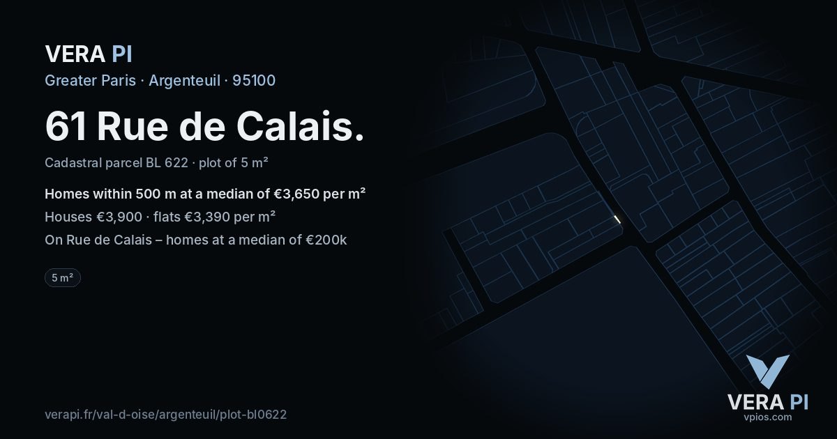 61 Rue de Calais, Argenteuil at night – the plot lit, the parcels around coloured by the prices near them