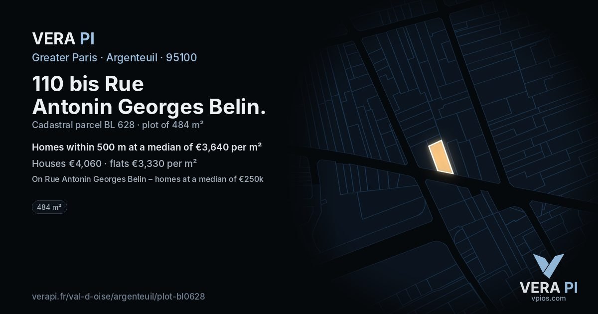 110 bis Rue Antonin Georges Belin, Argenteuil at night – the plot lit, the parcels around coloured by the prices near them