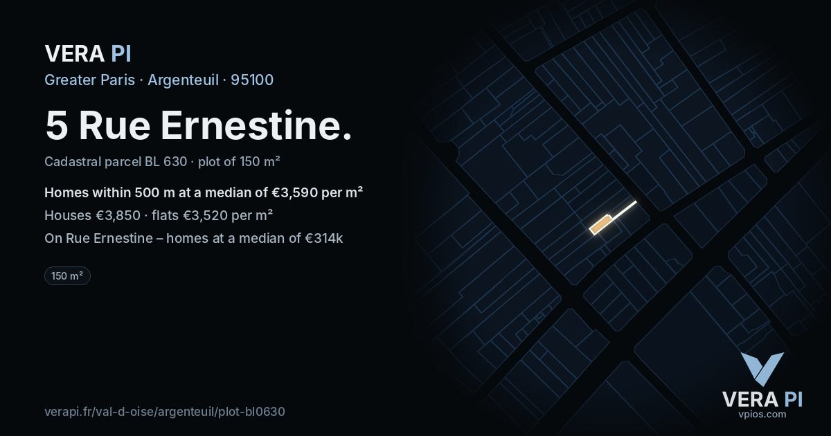 5 Rue Ernestine, Argenteuil at night – the plot lit, the parcels around coloured by the prices near them