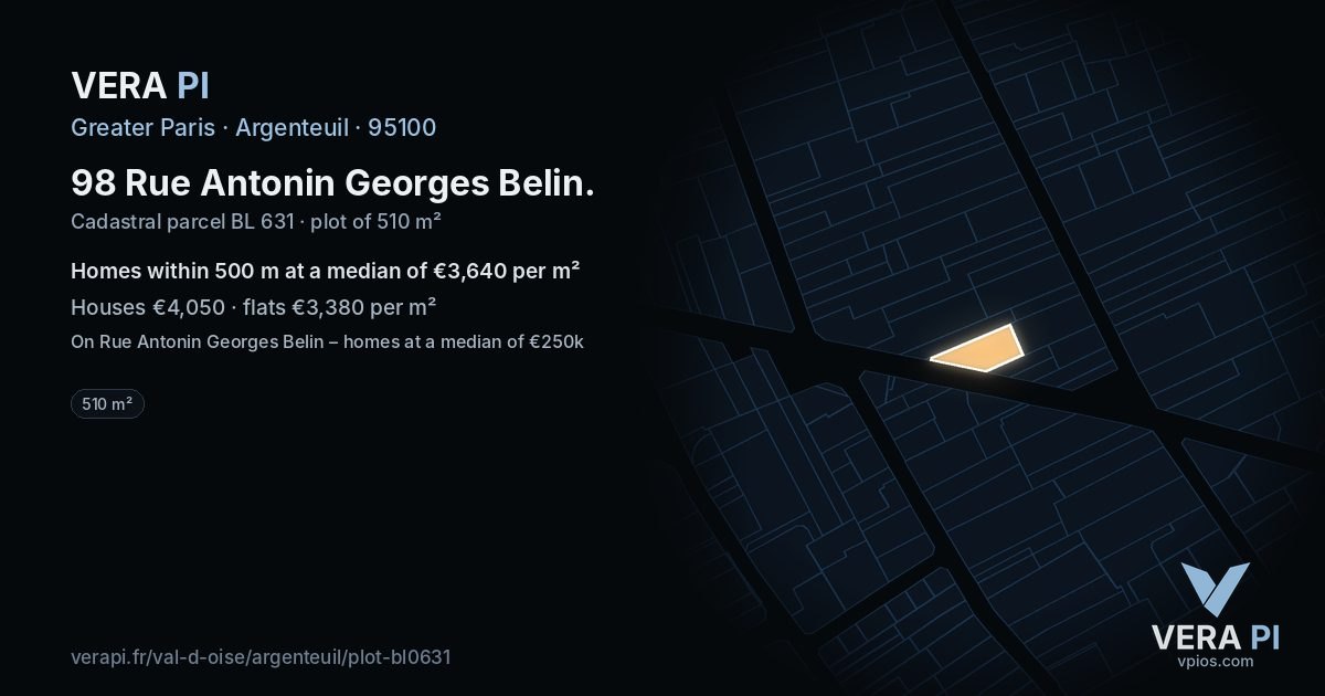 98 Rue Antonin Georges Belin, Argenteuil at night – the plot lit, the parcels around coloured by the prices near them