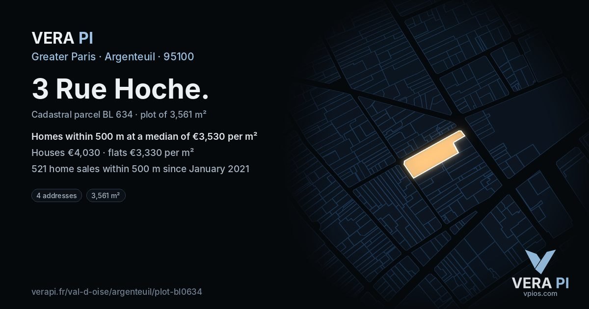 3 Rue Hoche, Argenteuil at night – the plot lit, the parcels around coloured by the prices near them