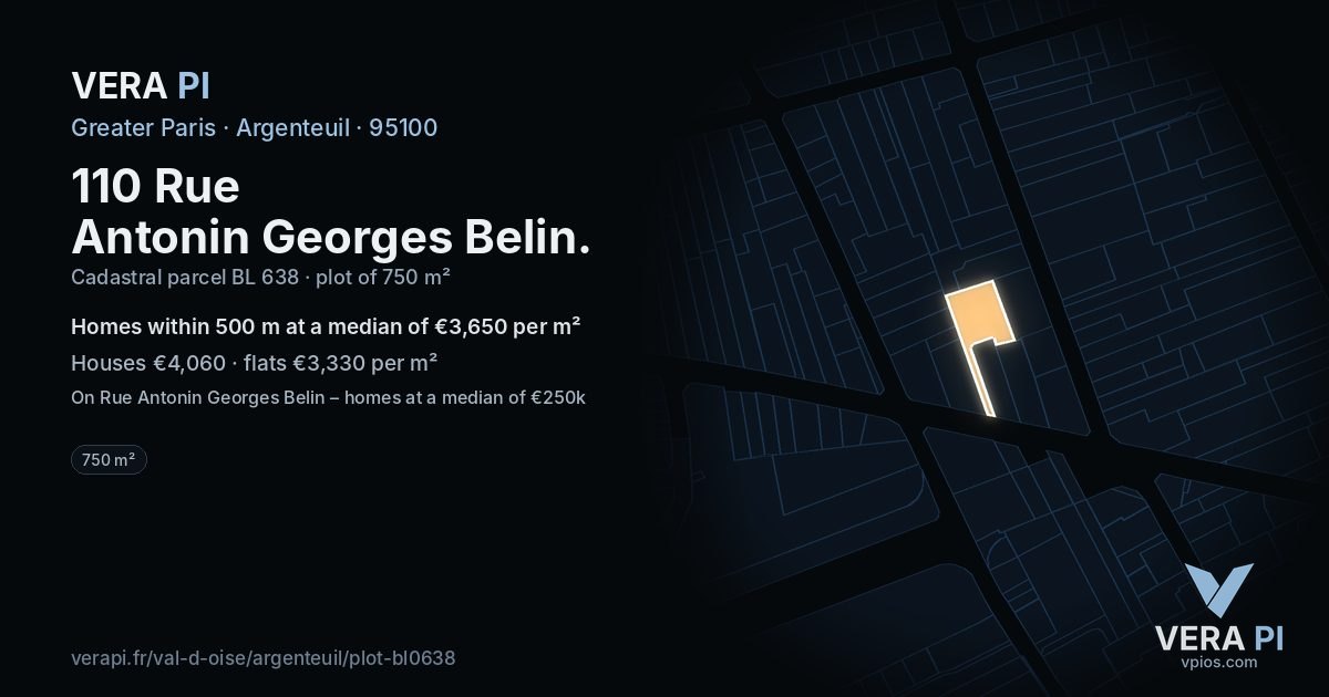 110 Rue Antonin Georges Belin, Argenteuil at night – the plot lit, the parcels around coloured by the prices near them