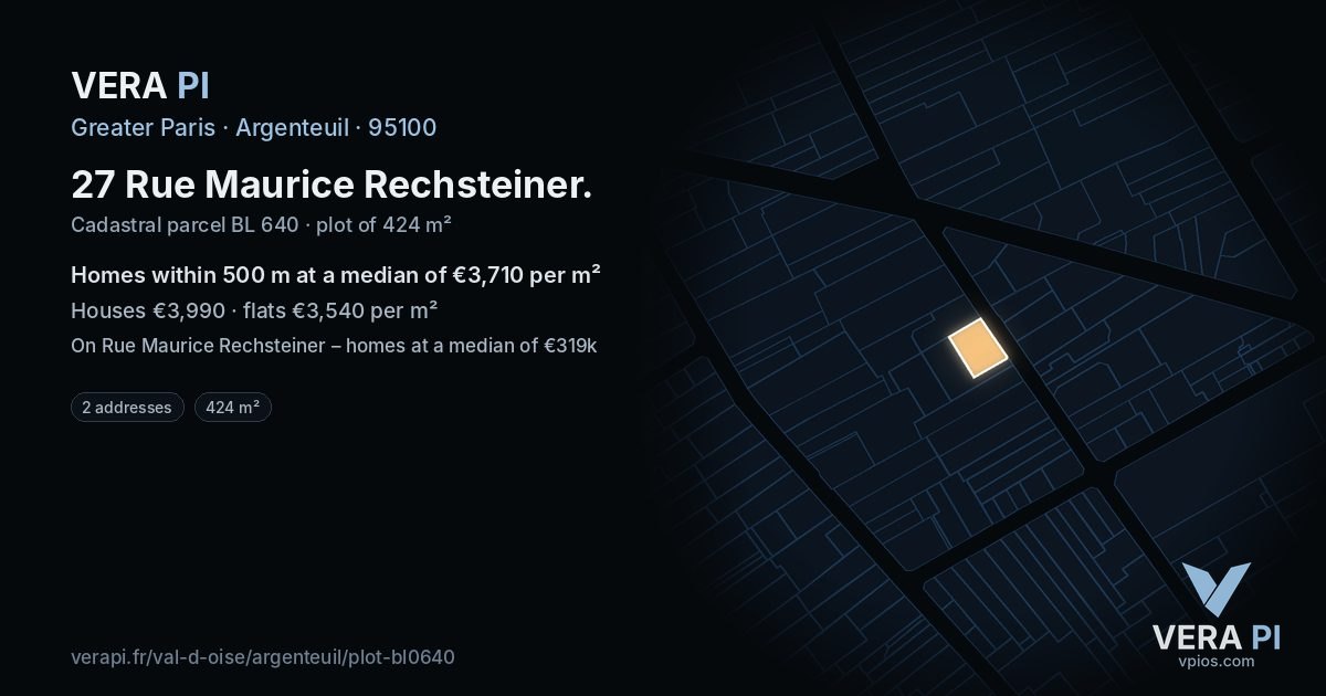 27 Rue Maurice Rechsteiner, Argenteuil at night – the plot lit, the parcels around coloured by the prices near them