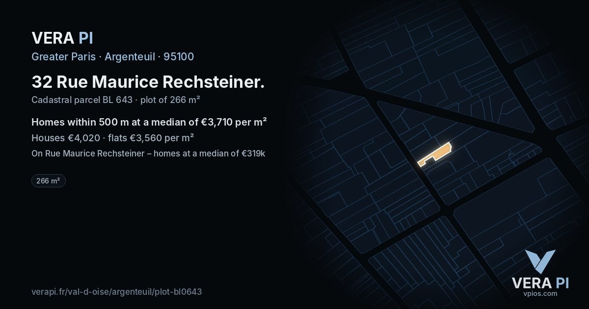 32 Rue Maurice Rechsteiner, Argenteuil at night – the plot lit, the parcels around coloured by the prices near them