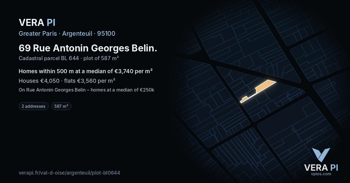 69 Rue Antonin Georges Belin, Argenteuil at night – the plot lit, the parcels around coloured by the prices near them