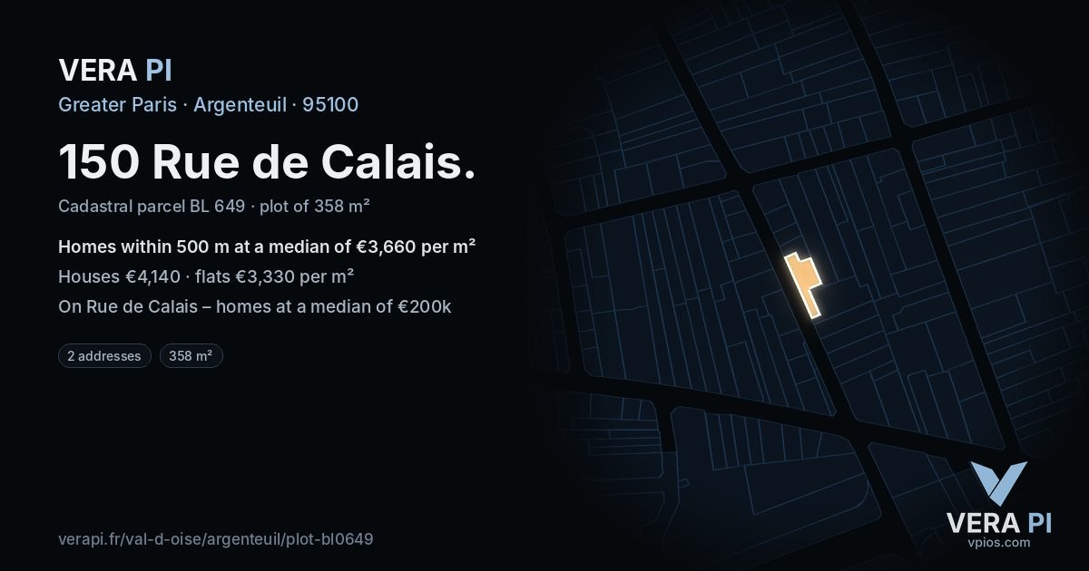 150 Rue de Calais, Argenteuil at night – the plot lit, the parcels around coloured by the prices near them