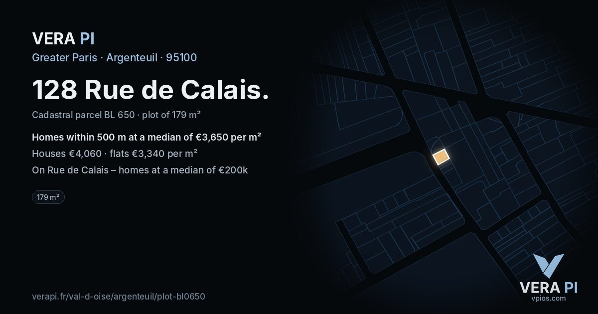 128 Rue de Calais, Argenteuil at night – the plot lit, the parcels around coloured by the prices near them