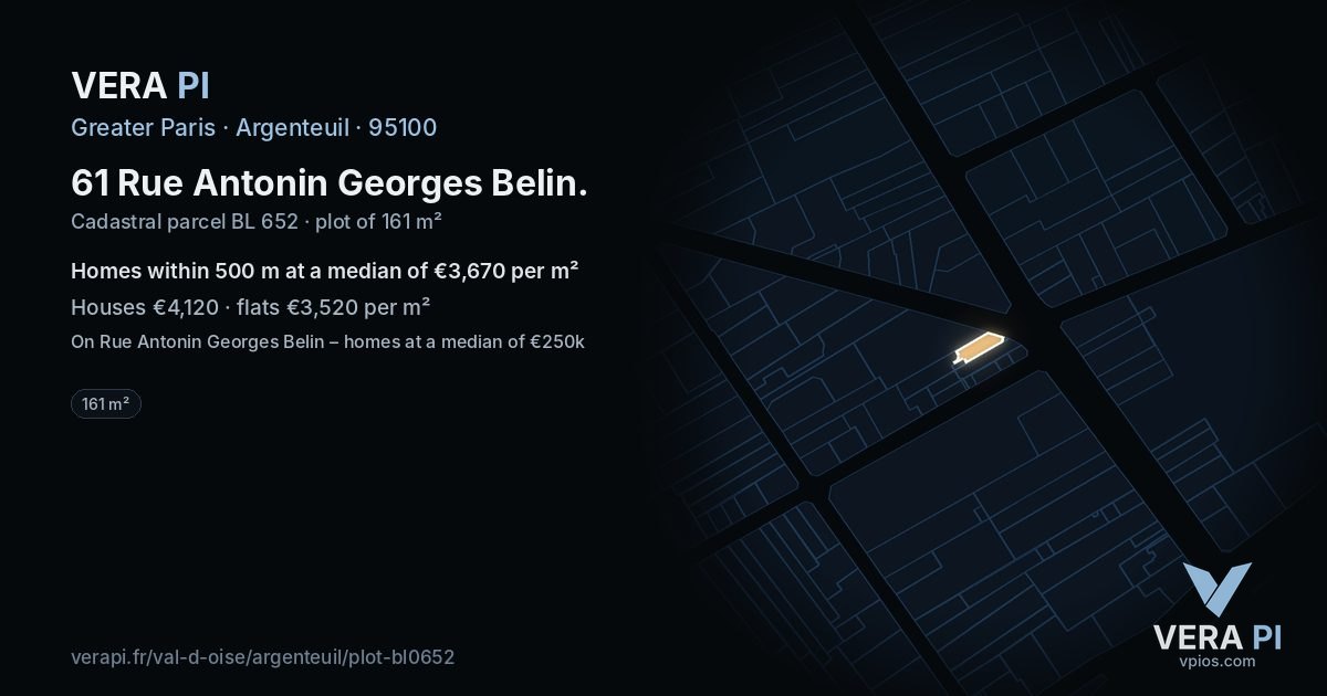 61 Rue Antonin Georges Belin, Argenteuil at night – the plot lit, the parcels around coloured by the prices near them