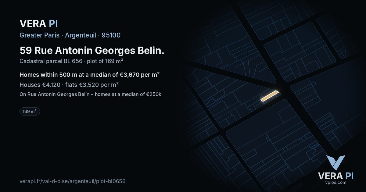 59 Rue Antonin Georges Belin, Argenteuil at night – the plot lit, the parcels around coloured by the prices near them