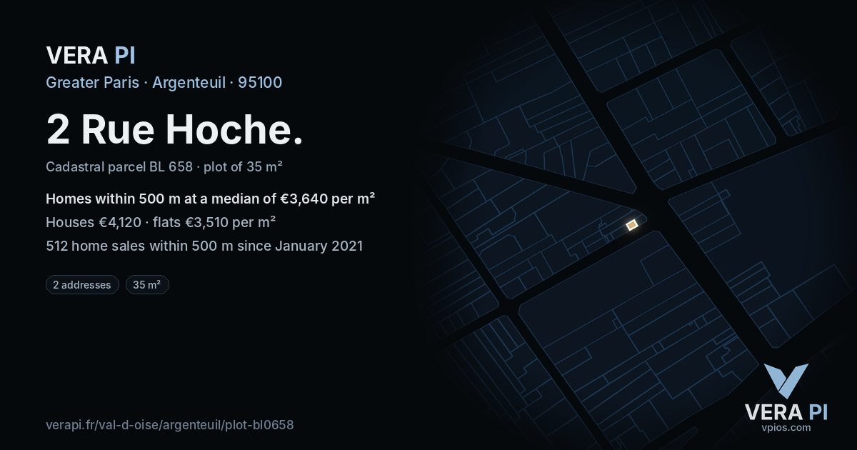 2 Rue Hoche, Argenteuil at night – the plot lit, the parcels around coloured by the prices near them