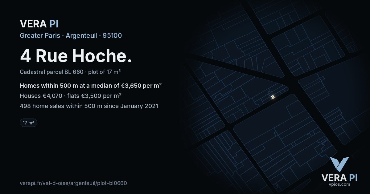 4 Rue Hoche, Argenteuil at night – the plot lit, the parcels around coloured by the prices near them