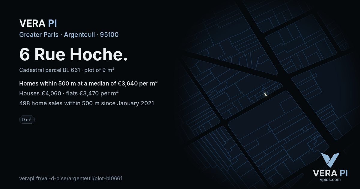 6 Rue Hoche, Argenteuil at night – the plot lit, the parcels around coloured by the prices near them