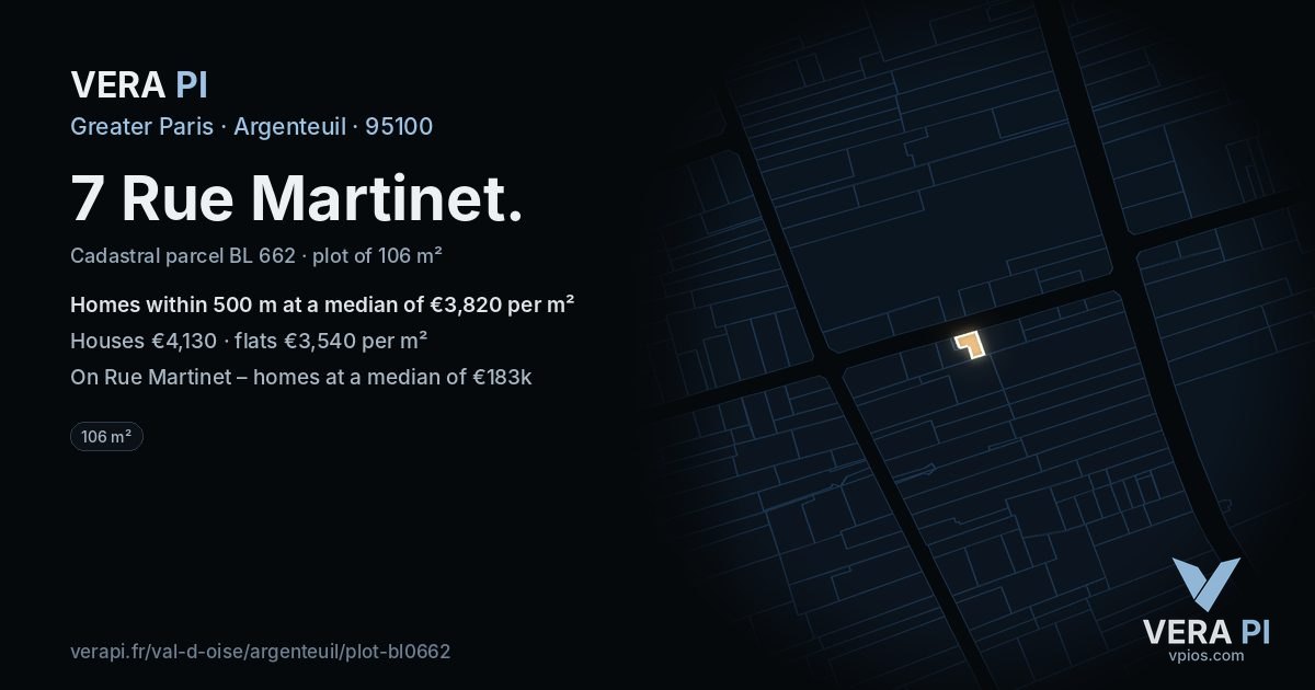 7 Rue Martinet, Argenteuil at night – the plot lit, the parcels around coloured by the prices near them